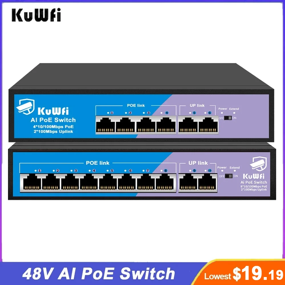Kuwfi-switch Fast Ethernet Estender até 250m Câmera ip ap sem Fio 48v Portas 10 Mbps 100mbps Ieee802.3af at