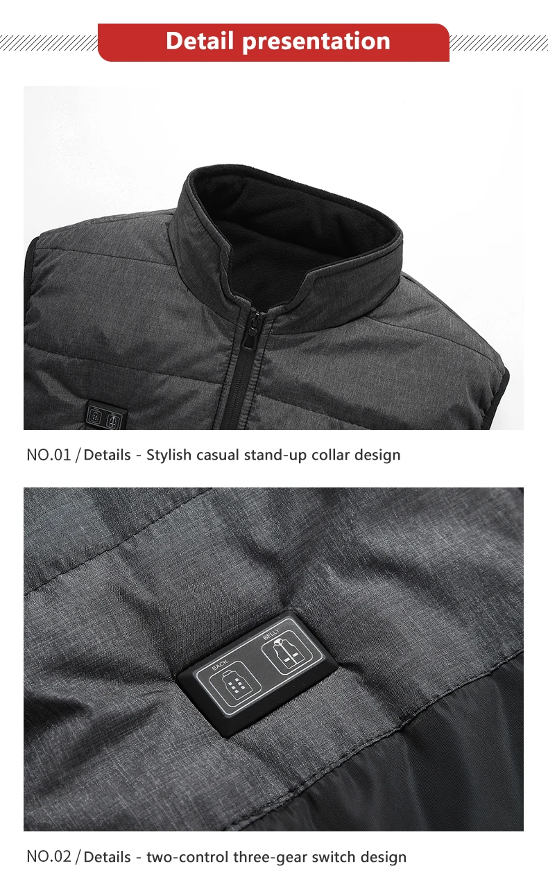 The stylish details of a men's heated vest perfect for winter.