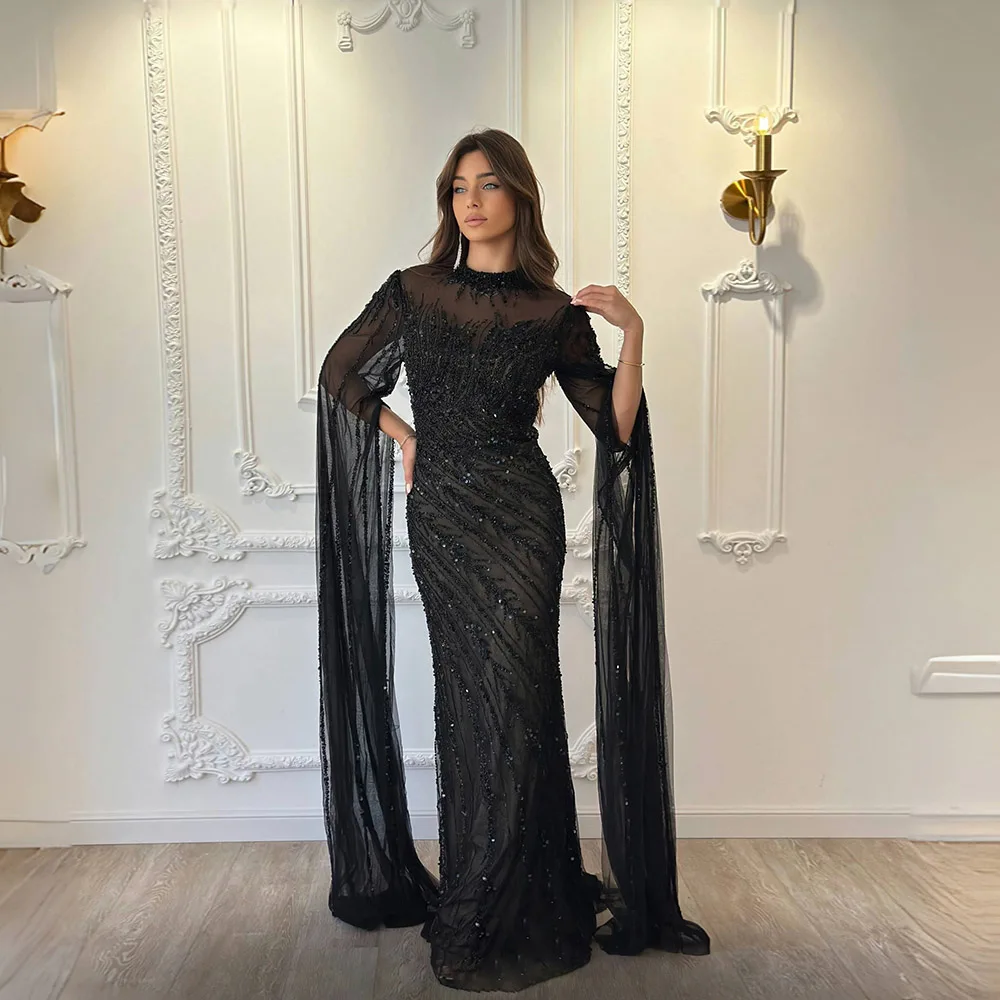 فساتين سهرة YQLNNE مسلمة سوداء عارية بأكمام طويلة...