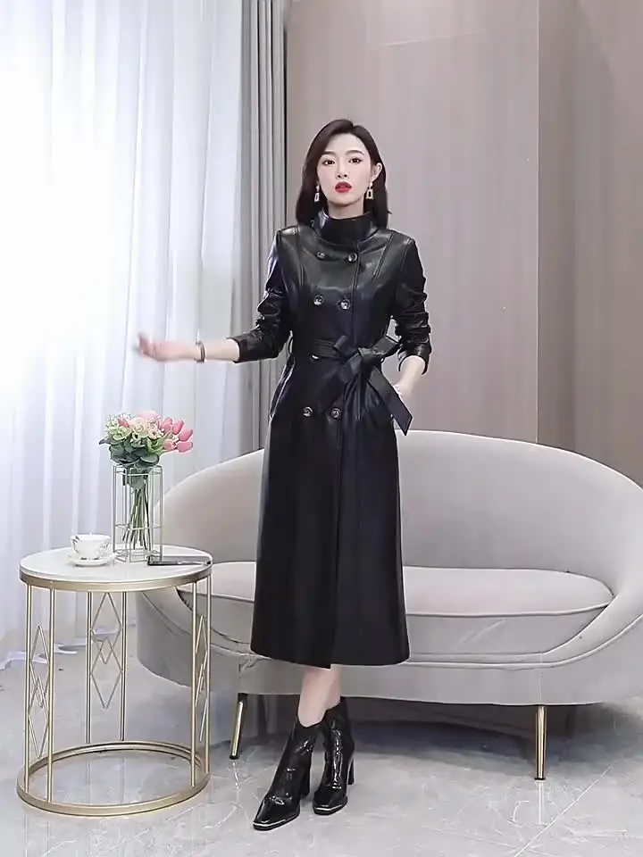 新しい 女性 レザートレンチコート 秋 冬 ファッション スタンドカラー