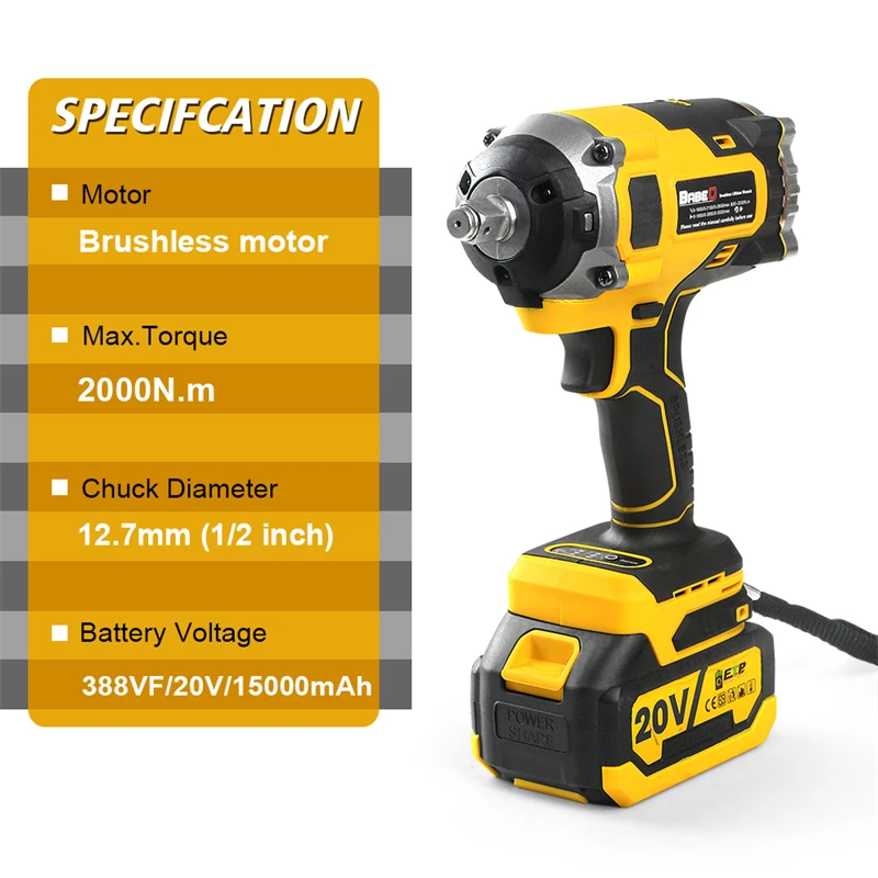 BABEQ 2000N.m Brushless Electric Impact Wrench Rechargeable 1/2 Socket Wrench Cordless Wrench Power Tools for 18V Makita Battery 2
