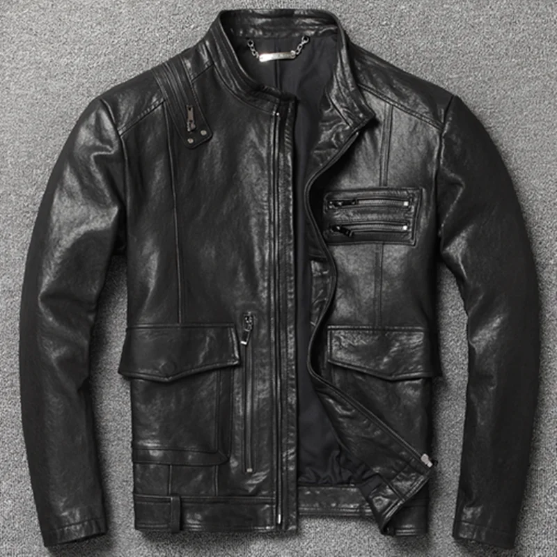 

New Spring Autumn Fashion Men's Genuine Leather Coat Hunter Style Real Sheepskin Motor Jacket for Male Slim Fit Black Big Sized