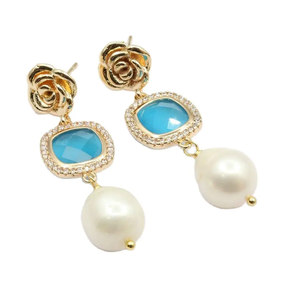 GG Jewelry Cultured White Rice Pearl Cz Bezel Set Blue Crystal Lever