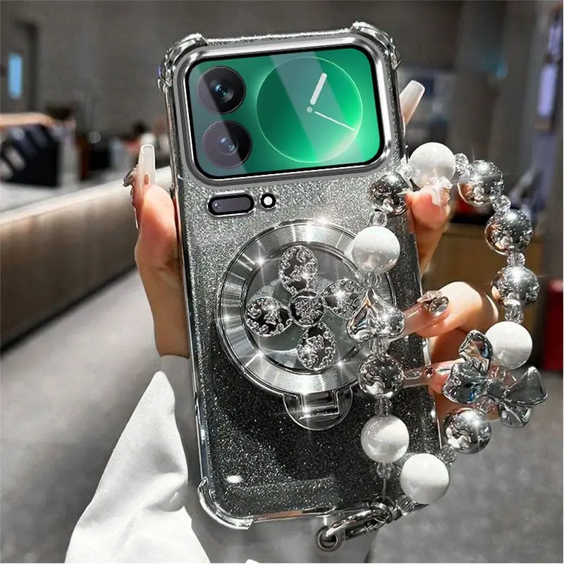 Gradient Glitter Holder Phone Case with Hand Strap and Electroplated Finish