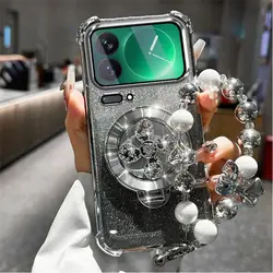 Gradient Glitter Holder Phone Case with Hand Strap and Electroplated Finish for Xiaomi 17 Max (Silver)