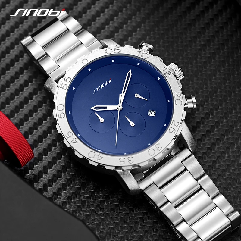 SINOBI Watches for Men Fashion Brand 45MM Big Dial Quartz Watch Mens Stainless Wrist Watch Waterproof Luminous Chronograph Watch