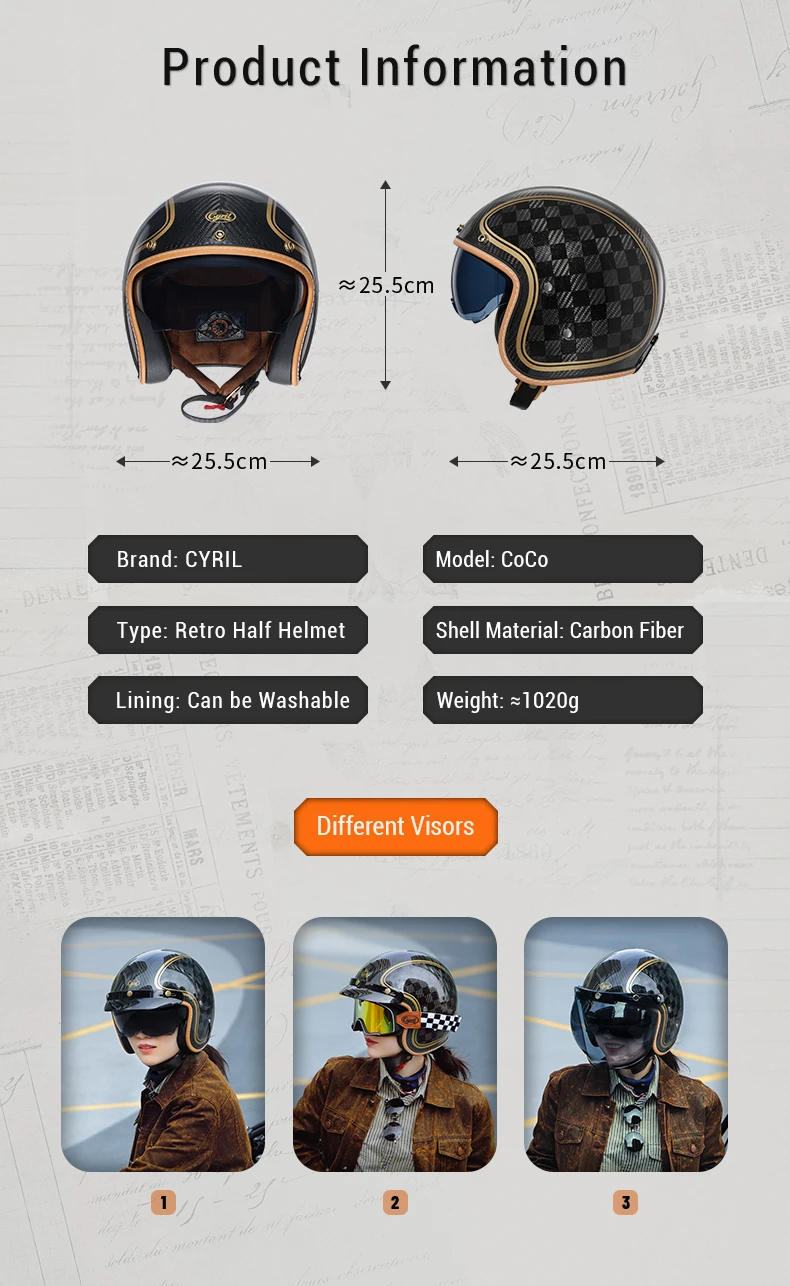 Lightweight Carbon Fiber Open Face Motorcycle Helmets Half Retro 3/4 Helmet for Man and Women DOT Approved CYRIL Casque Moto