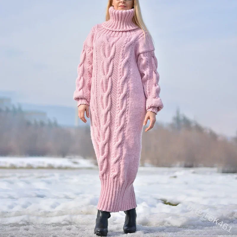 2024 Autumn Winter Solid Color Turtleneck Pullover Twisted Loose Knitted Sweater  Long Dress Sweater for Women - AliExpress 200000345
