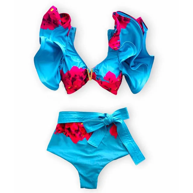 Sporlike-Bikini de cintura alta con cuello en V para mujer, traje de baño de dos piezas con volantes, estampado Sexy, 2024 - Imagen 4