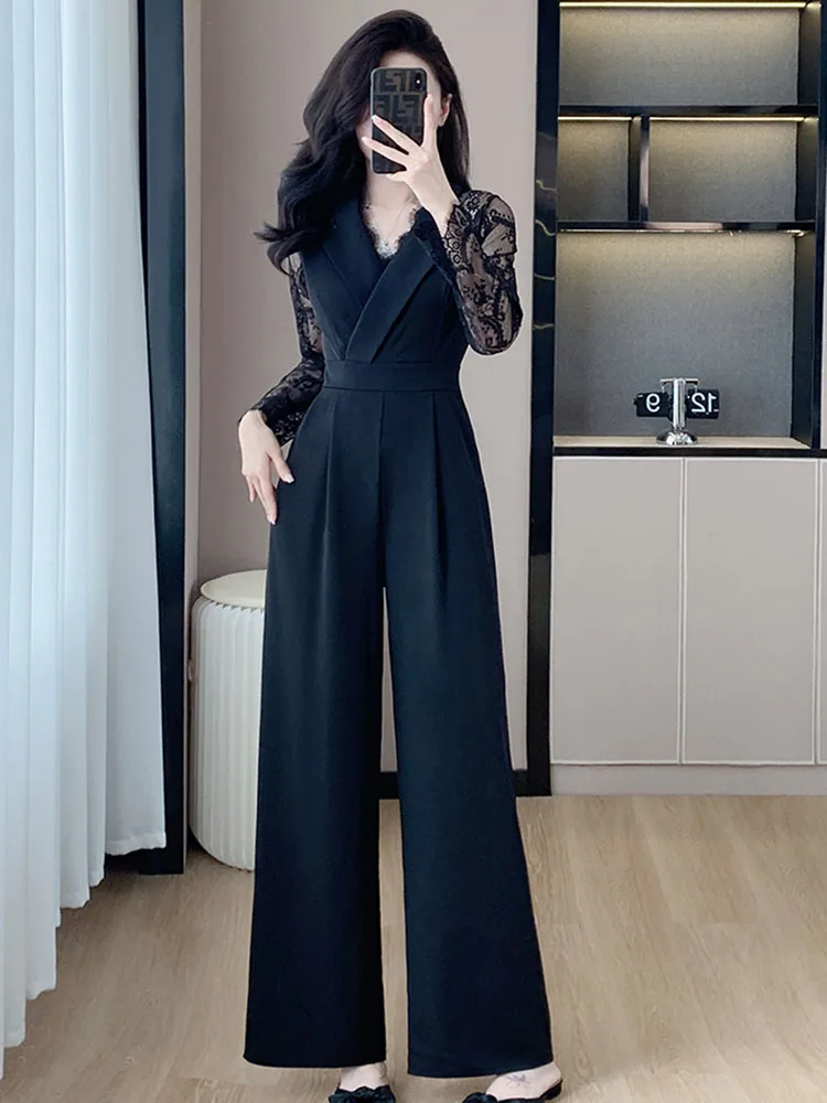

Spring Temperament Elegant Sexy Lace Splicing High Waist Long Jumpsuit Fashion Women V-Neck Vintage Office OL Wide Leg Rompers