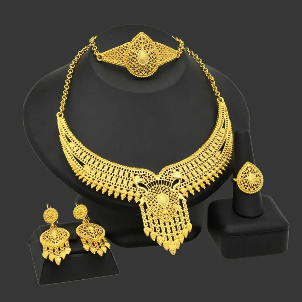 

4PCS Gold Plated Indian Bridal Jewelry Sets Necklace/Earrings/Bracelet/Ring Luxury Women Necklace Set Durable High Quality