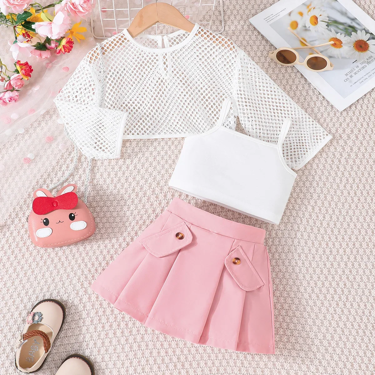 Summer New Girls Clothing Sets Long Sleeve Hollow Out T-shirt + Solid White Crop Tops + Pleated Skirt Children's Casual Clothes