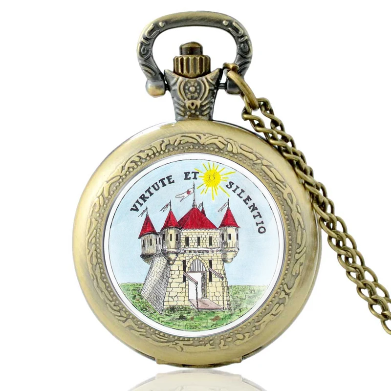 

Retro Virtute Et Silentio Templar knight's Castle Quartz Pocket Watch Vintage Men Women Pendant Necklace Watches Gifts PST427