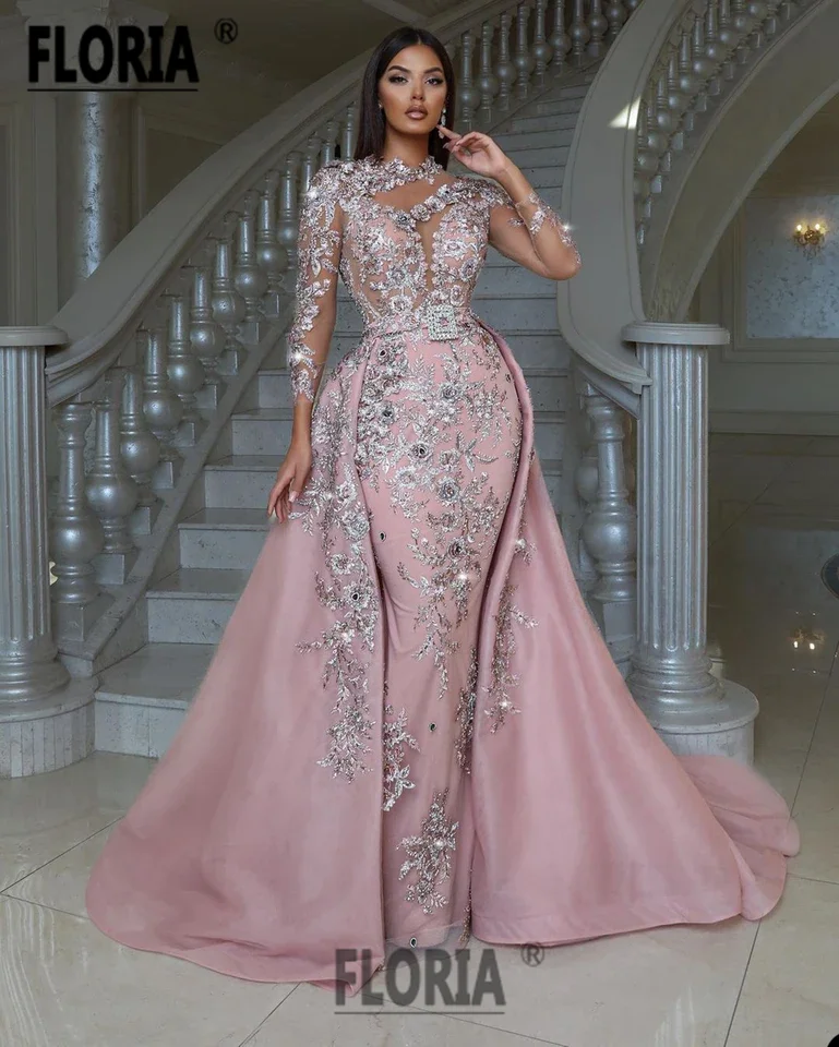 Vestidos de Noche de sirena de Dubái con flores, Apliques de encaje, vestidos de fiesta de boda, Arabia, vestido de ocasión Formal, Túnica de soirée