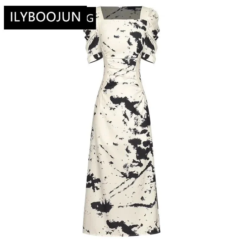 

2023 Runway Luxury Brand High Quality Summer Dress Women Square Collar Short Sleeve Folds Ink And Wash Print Office Lady Dresses