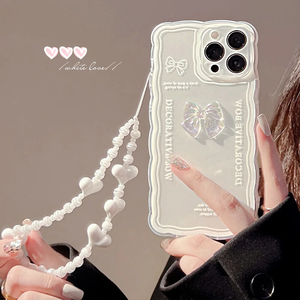 

Bow-Knot Lanyard Clear Phone Case For IPhone15 14 13 12 Mini 11 Pro Xs Max X Xr 7 8 Plus Soft Chain Bracelet Cover Design Fundas