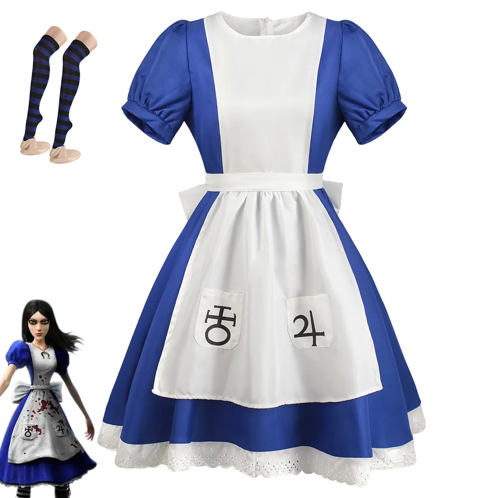Gioco Alice Madness Returns Costume Cosplay Princess Dress Maid Dress Made Halloween Party Maid Dress Grembiule Calzini Per Le Donne