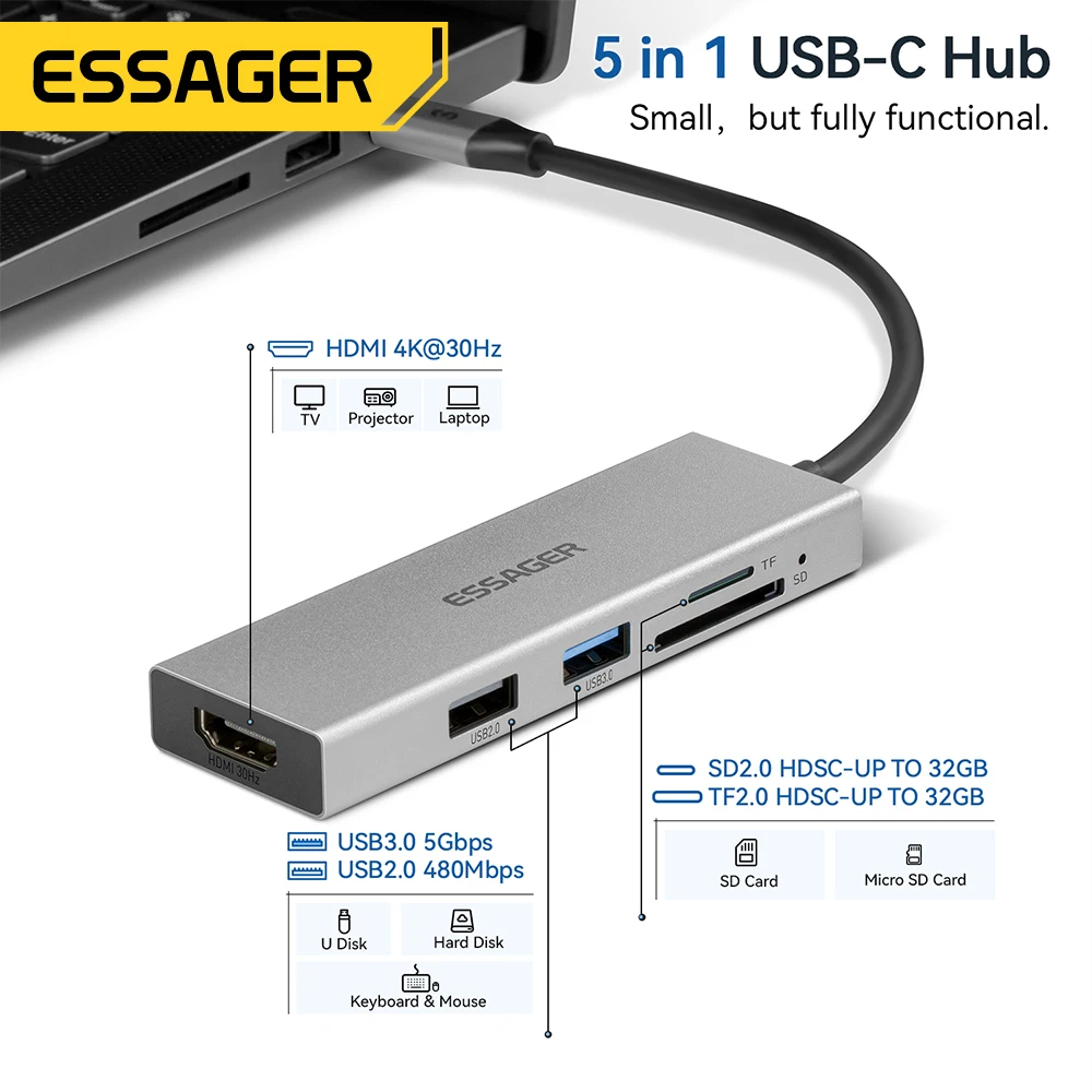 Essager 5 in 1 USB C HUB HDMI-4K Docking Station Splitter For Macbook Adapter For Laptops USB 3.0 Type C