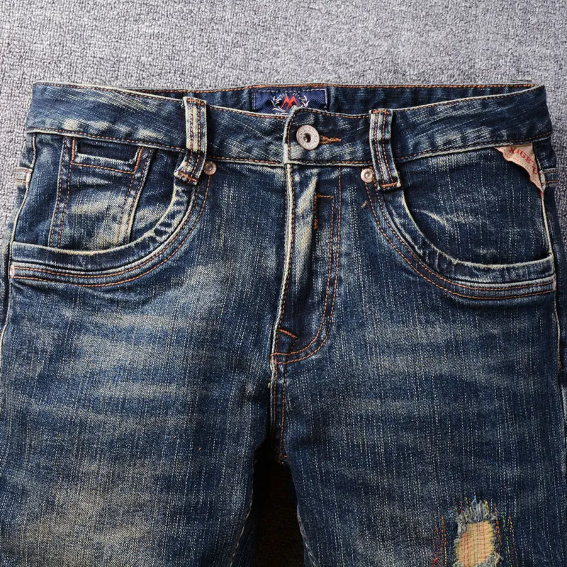 Fashion Designer Men Jeans Retro Black Blue Slim Ripped Jeans Men Stretch Trousers Embroidery Patched Vintage Casual Denim Pants