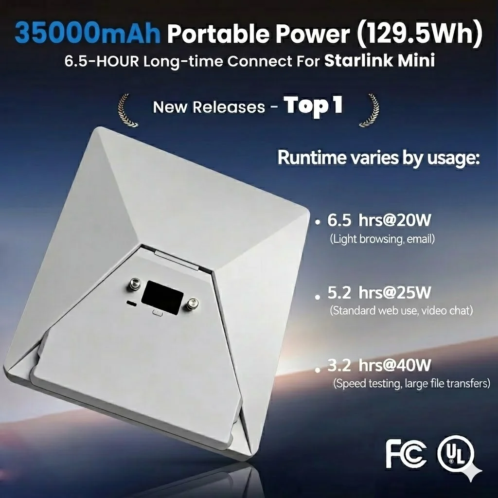 Nuovo Power Bank da 35000mAh 129Wh ad Alta Potenza per Starlink Mini, con Display LCD, USB-C, Cavo DC, App Intelligente e Caricabatterie Portatile