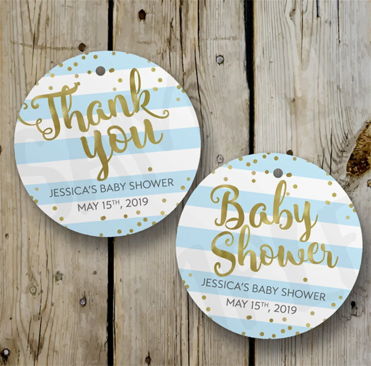 50 Pz Faux Gold Foil & Blue Stripes Baby Shower Bomboniera-Personalizzato Baby Shower Grazie Tag, Personalizzato Blu E Oro Baby Sh