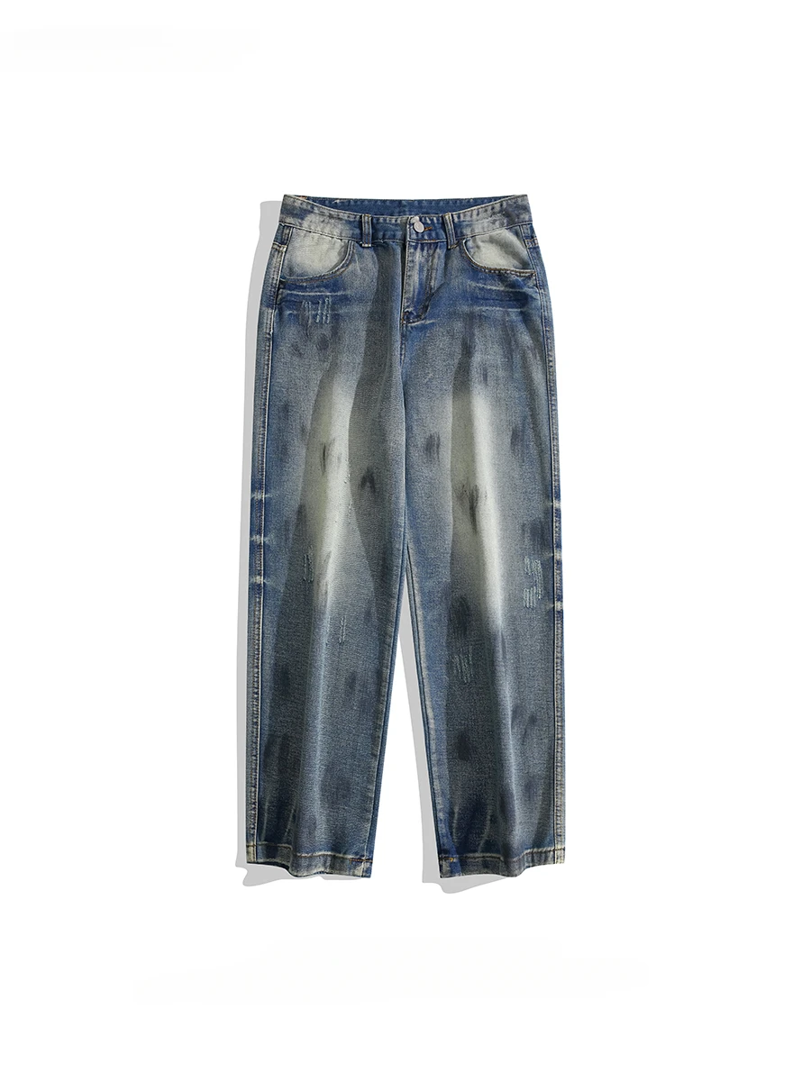 

Men's Waterwashed Distressed Scratched Hole Jeans Trendy European American Niche Hip-hop Tie-dye Handsome Straight Denim Pants