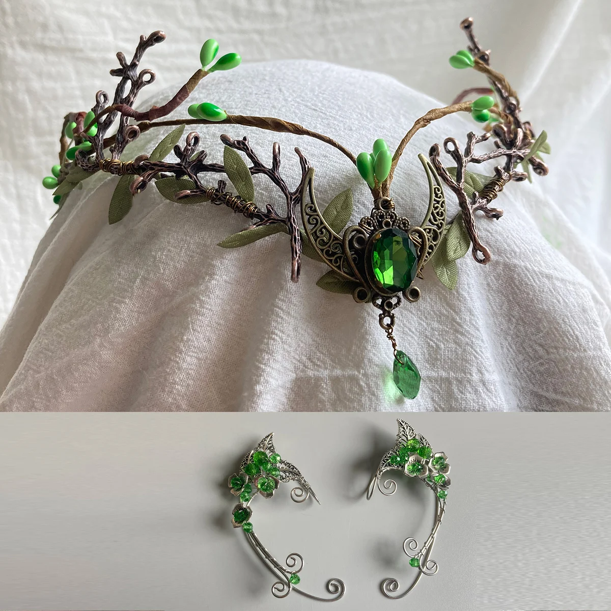 エンフォルド　ヘアアクセ Elf ear cuffs Green Rattan Bridal Fairy Crown Woodland