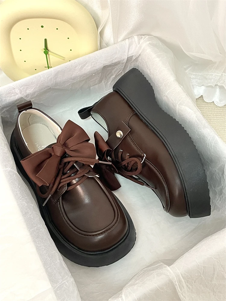 

Shoes Woman Flats All-Match Oxfords Bow-Knot Clogs Platform Dress New Leather Butterfly Creepers Med PU Rubber Mary Janes Butter