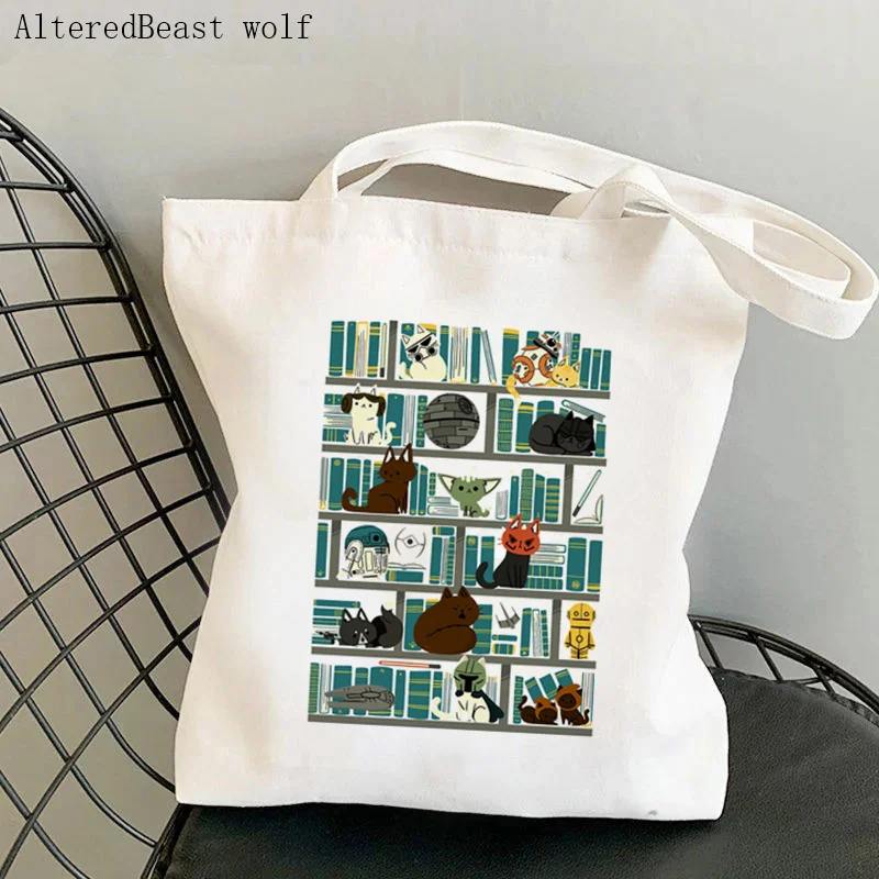 

Women Shopper bag Library cat Wars Printed Kawaii Bag Harajuku Shopping Canvas Shopper Bag girl handbag Tote Shoulder Lady Bag