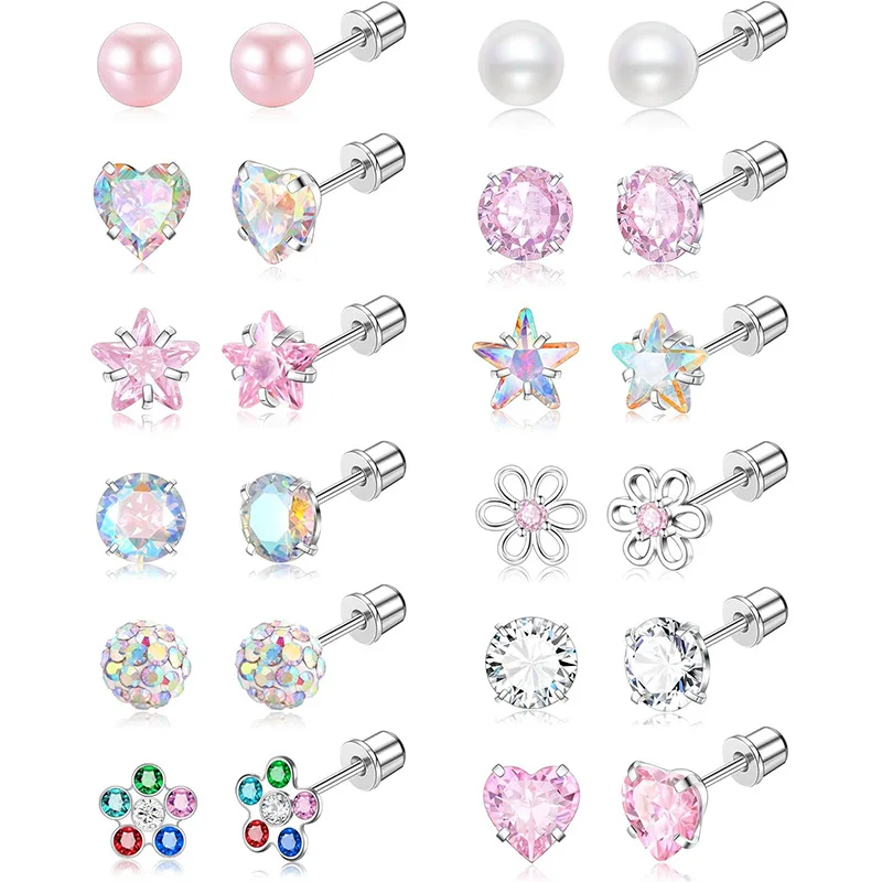 1/12 Paar hypoallergene Ohrringe mit Schraubverschluss für Damen und Mädchen, 316L-Edelstahl, CZ-Perle, Herz, Blume, Schraubverschluss, flache Rückseite