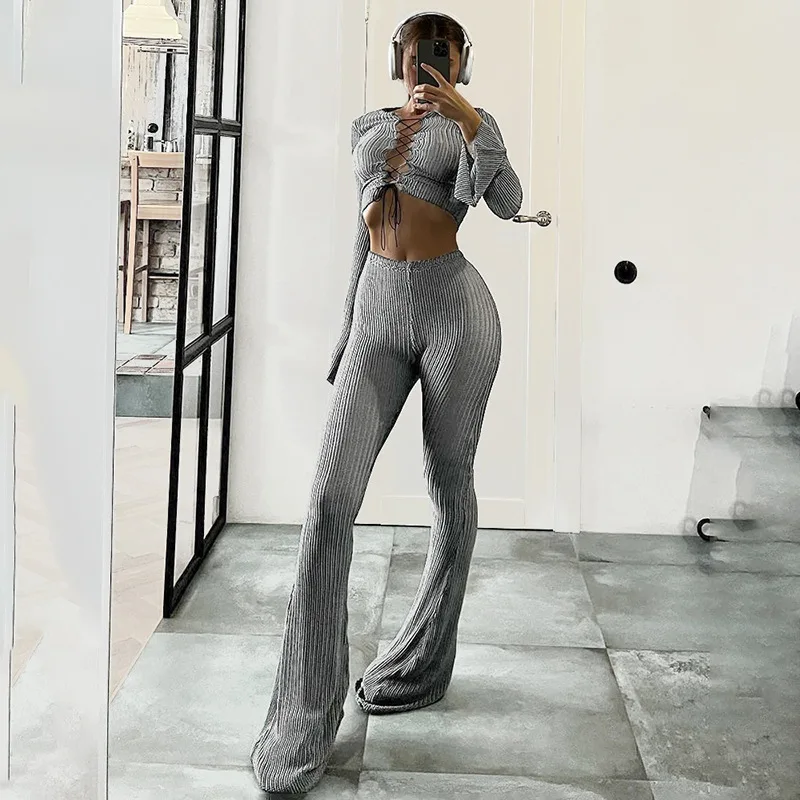 

Ribbed Solid Slim Flare Pants for Women Autumn Winter Elastic High Waist Casual Versatile Y2k Trousers Trend Hipster Streetwear