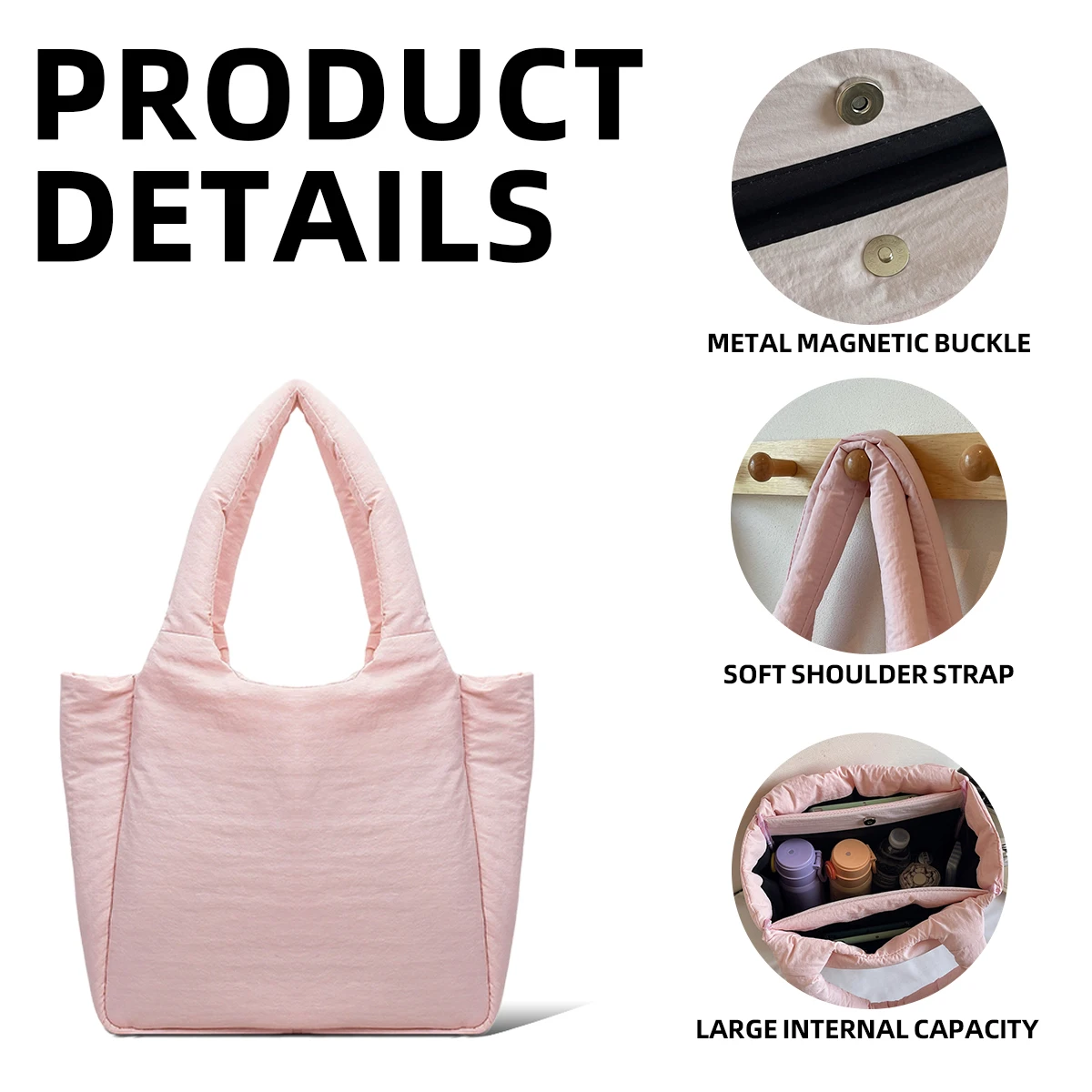 Soft down Cotton Jacket Bag for Women, Large Capacity Nylon Bag for Commuting to Work, Single Shoulder Crossbody Tote Bag for Students Attending Classes and Outdoor Use