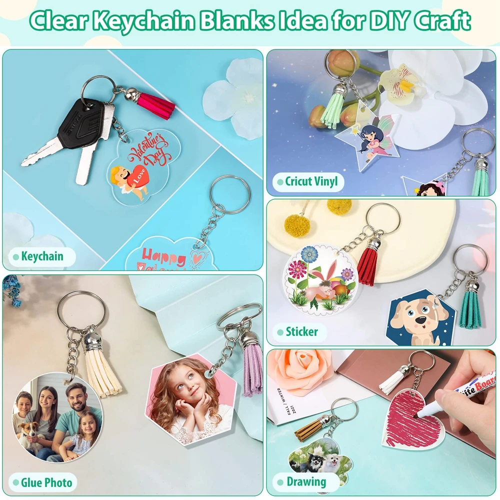 330pcs Acrylic Keychain Blanks 4 Shapes Clear Acrylic Blanks for vinyl bulk Key Chain Tassels Chain Rings for DIY Keychain