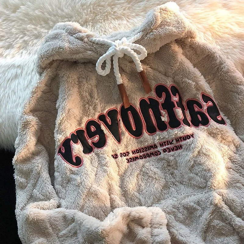 Loose Retro High Sense Hoodie 2024 Cute and Gentle Letter Embroidery Plus Velvet Thick Lamb Wool Sweater Women Autumn and Winter
