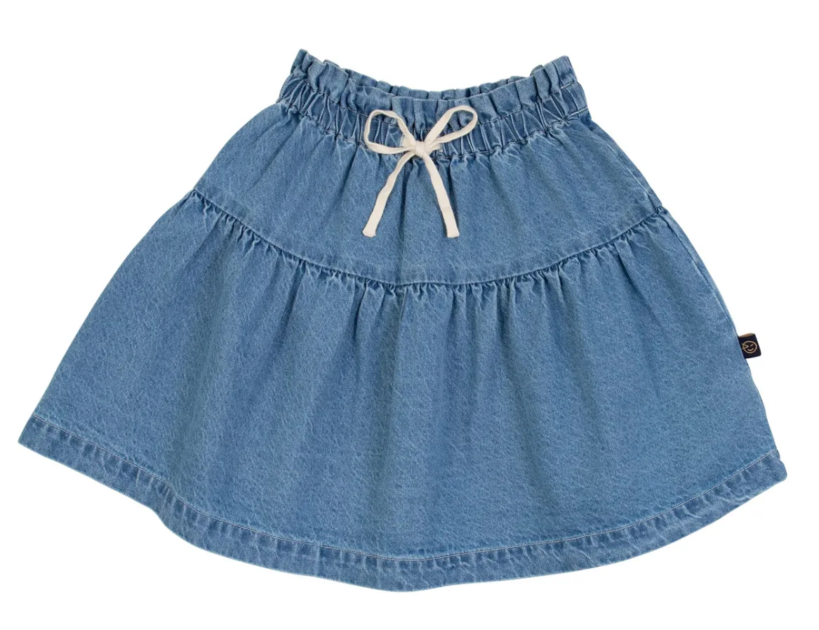 Letnia dziecięca spódniczki dziewczęce dżinsowa krótka spódniczka nowa moda dziecięca ubranka niebieskie falbany guziki elastyczne w talii mini spódniczki