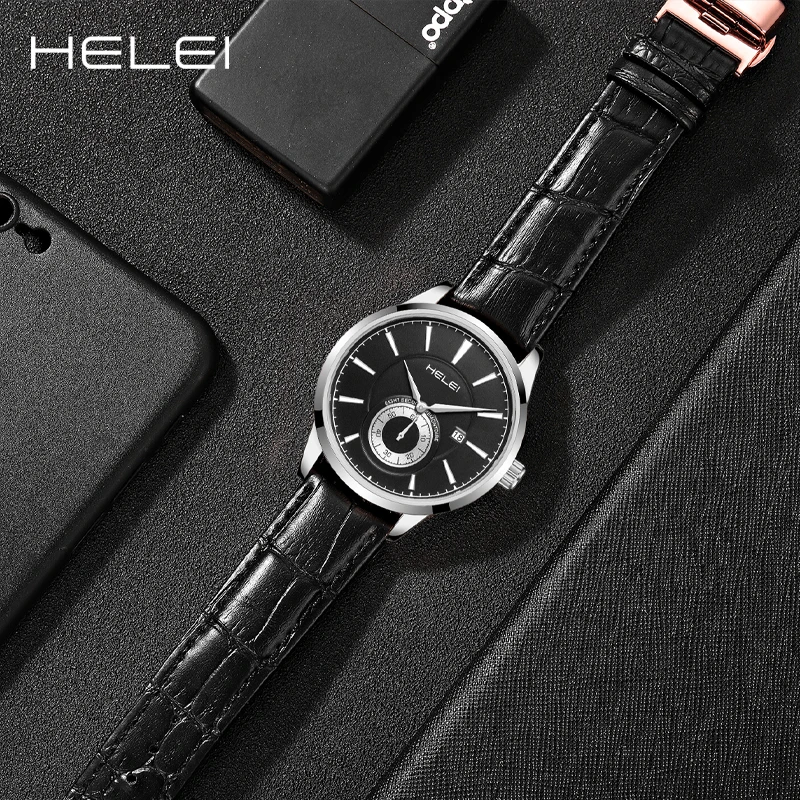 HELEI2024 Men's Luxury Quartz WatchLeather Quartz WatchMen's Self-Winding Calendar Display Bar Dial Business Pointer Watch