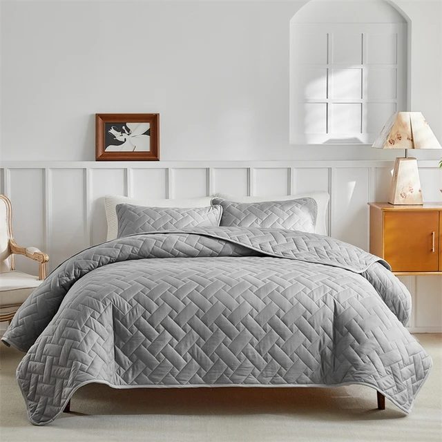 3pcs Quilted Bedspread Set Geometric Grid Pattern,Soft Polyester Thick Bed Cover wuth Pillowcase,Plain US Queen 264*230cm 4