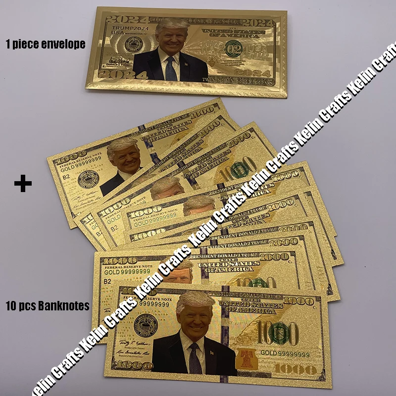 Presidente Degli Stati Uniti Donald Trump 24K Colore Oro Banconota $1000 Dollari Nota Con Bella Busta D'Oro Ottimo Regalo Patriottico