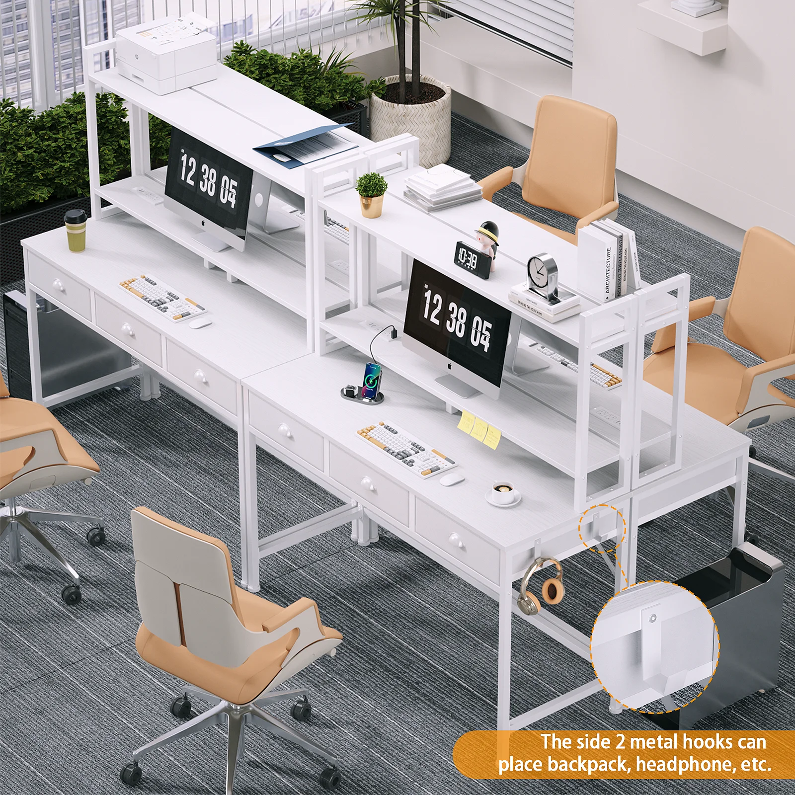 Satifur Computer Desk With Power Outlets & Led Light, 47 Inch Home Office Desk With 3 Drawers And Storage Shelves, Writing 6