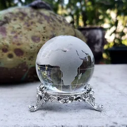 Crystal Clear Earth Globe Glass Ball Paperweight with Stand - Elegant Home Desk Decor and Astronomy Craft Ornament - 60mm (With silver base)