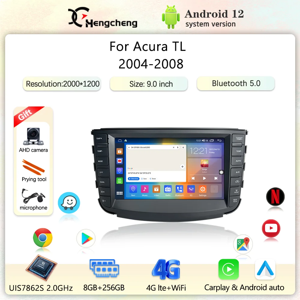 

Автомобильный мультимедийный видеоплеер 9,0 дюйма для Acura TL 2004-2008, GPS-навигация, радио, Android 12, Carplay Auto, 4G, камера 2000*1200 360