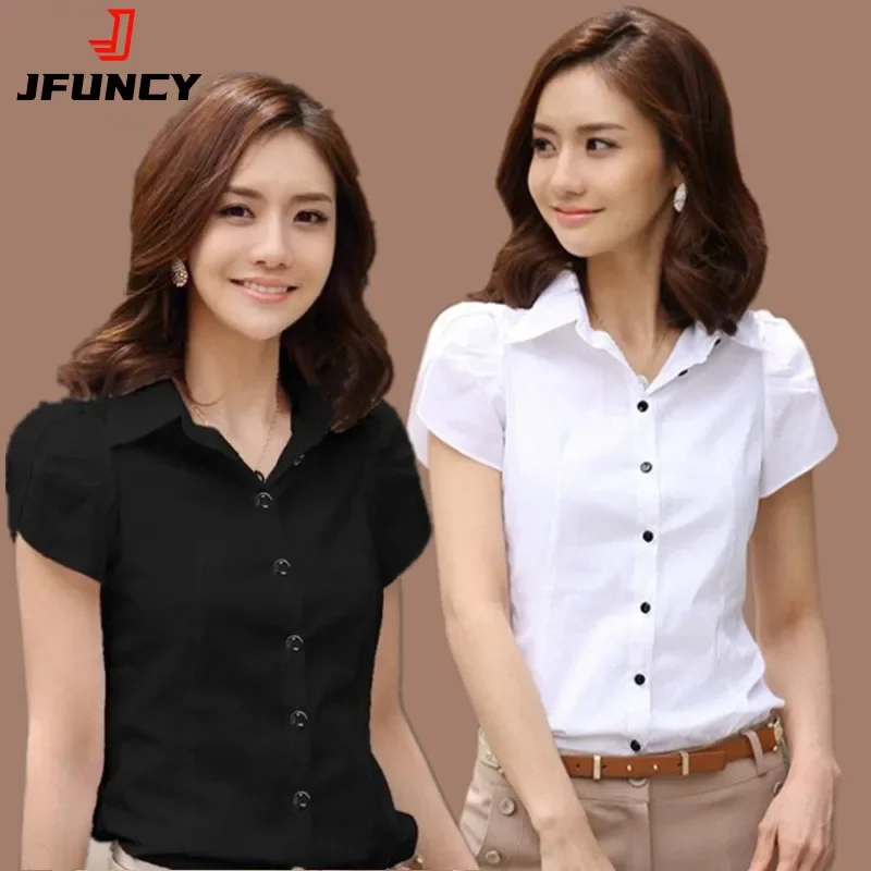 JFUNCY Women's Shirt 2024 Summer Women Top Female Black White Shirts Office Ladies Blouse OL Clothes Woman Short Sleeve Workwear 2023 new ladies retro black suit jumpsuit lapel belt ladies loose high waist jumpsuit shorts workwear wide leg jumpsuit summer