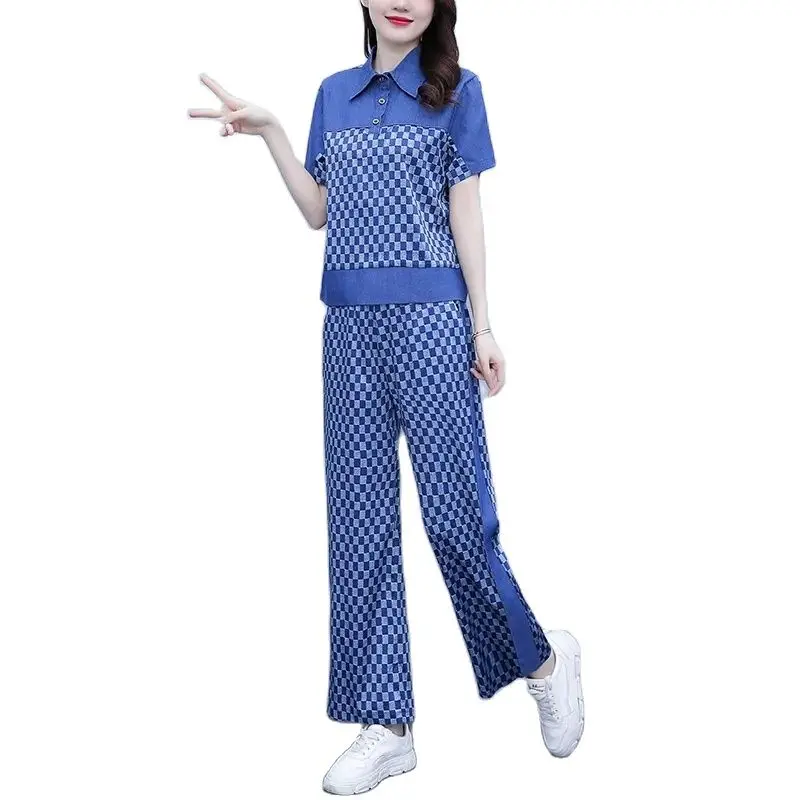 

2023 Summer New Fashion Jeans Suit Women's Thin Temperament High Waist Drape Elastic Waist Denim Wide-Leg Pants Two-Piece