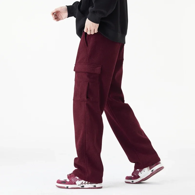 Winter Woolen Cargo Pants Thickened Men Casual Pants Solid Trousers Straight Leg Outdoors Streetwear Comfortable Fabric Unisex 3
