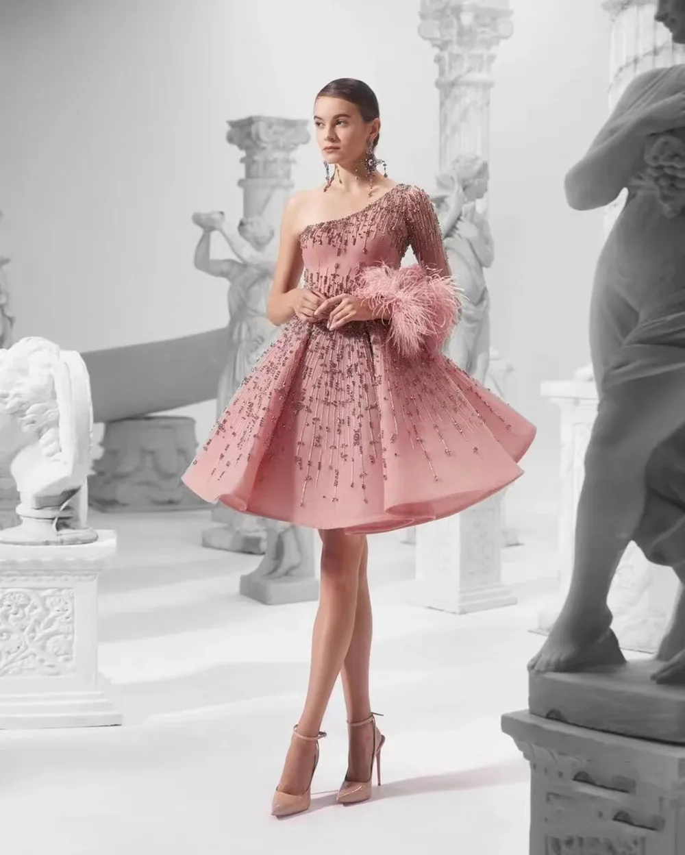 One Shoulder Long Sleeve Feather Organza Beaded Pink Women's Short Dress Summer Wedding Ceremony Cocktail Dress Formal Dresses