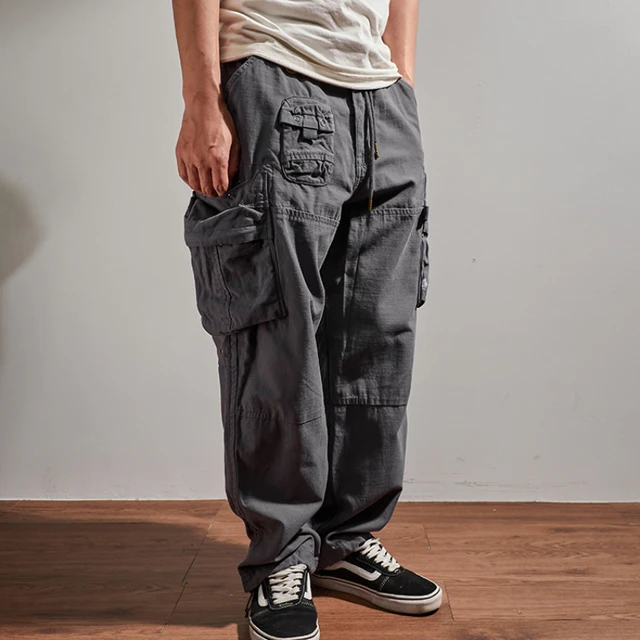 Pantalones cargo para hombre, de verano, casuales, holgados, con cordón en  la cintura, cónicos con múltiples bolsillos