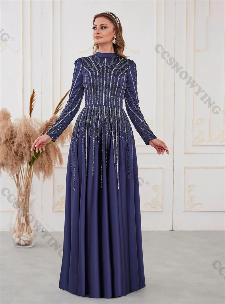 

Long Sleeve Muslim Evening Dresses Hijab Islamic Formal Party Gown Saudi Arabia Satin Appliques High Neck Moroccan Caftan