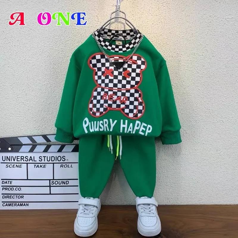 

boys set clothes spring autumn kids sweatshirt + pants 2 pcs baby outfits children fashion plaid bear clothing 2-10y