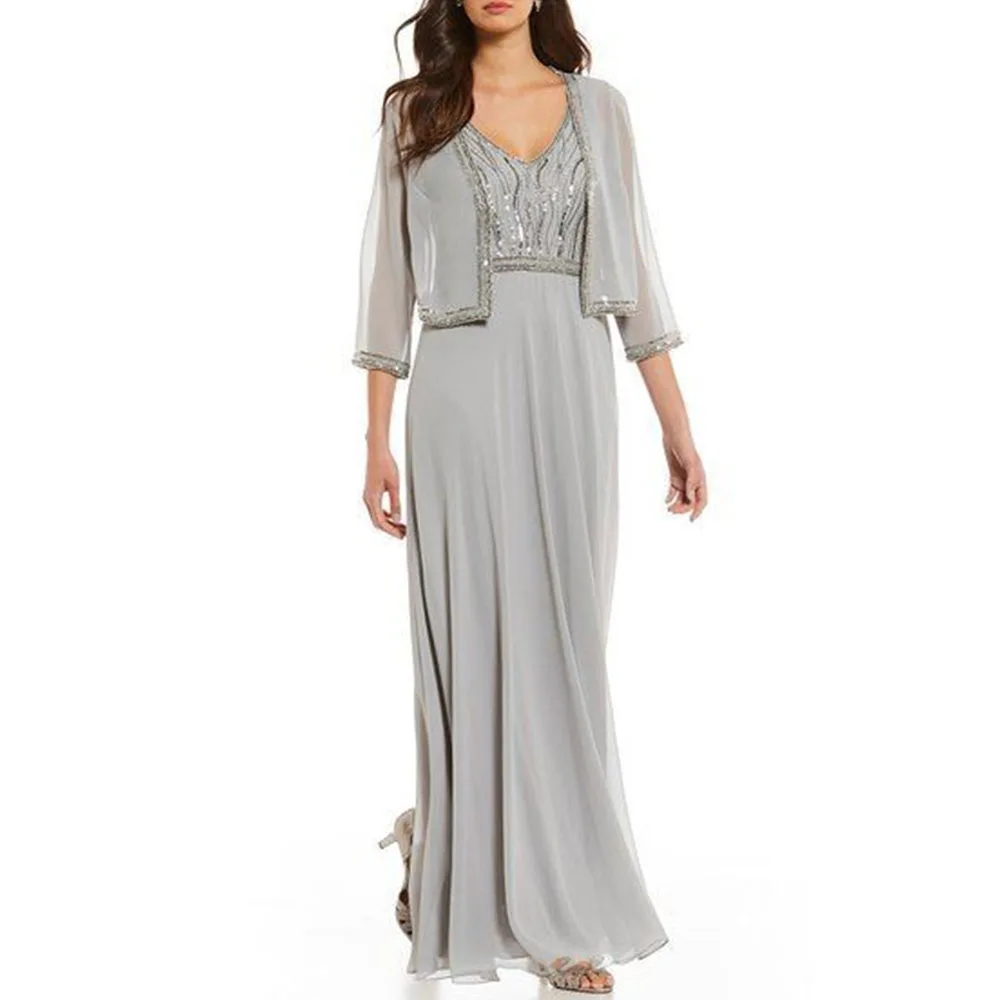 

Элегантное серебристое платье из двух частей Chif ТРАПЕЦИЕВИДНОЕ платье для матери невесты для свадьбы длиной до пола официальное вечернее платье с пальто