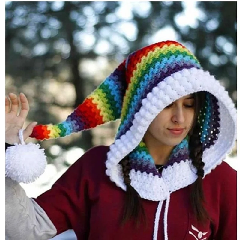 Children's crochet rainbow long tail hat wizard elf knitted wool warm hat men and women thickened winter long braided